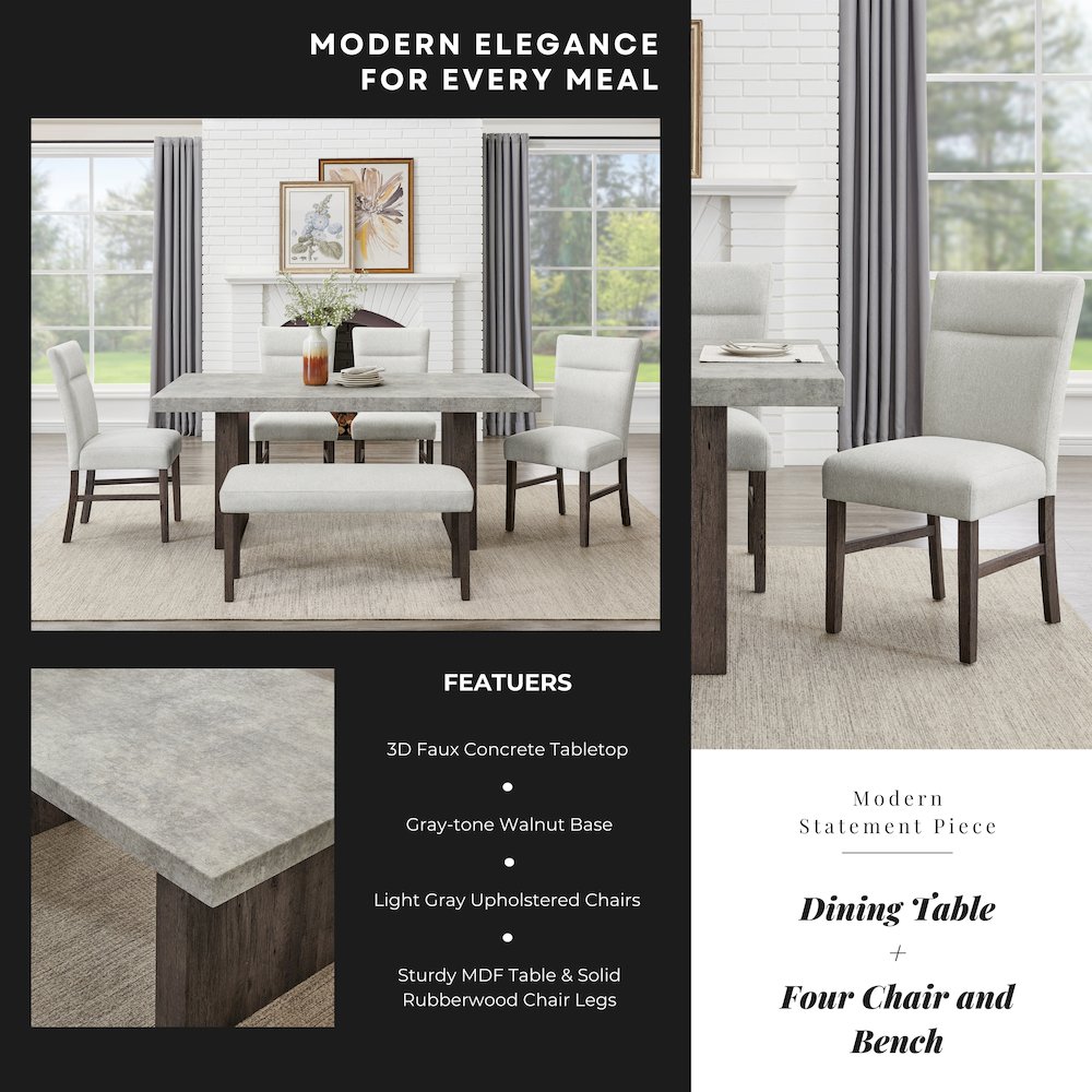 Sorlen Modern 6-Piece Dining Set, 3D Faux Concrete Table with 4 Chairs and Bench. Picture 9