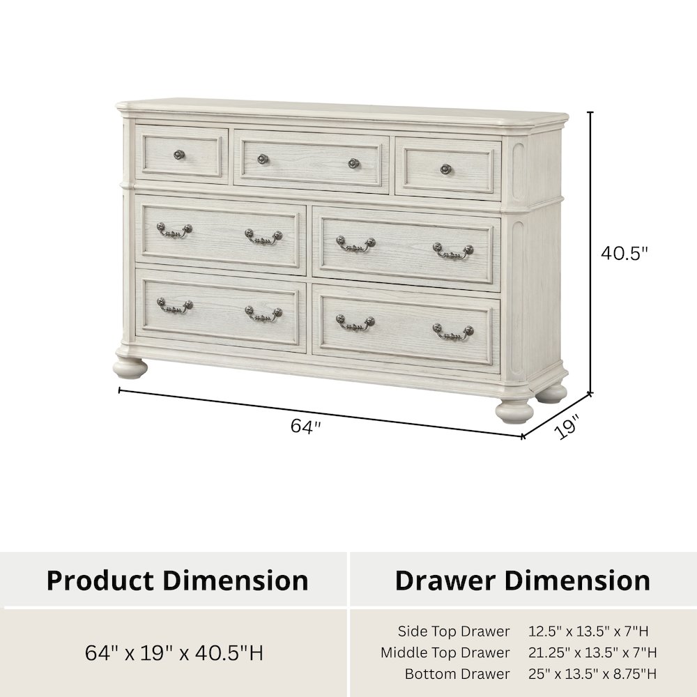 Nelson 7-Drawer Bedroom Dresser, Antique White. Picture 14
