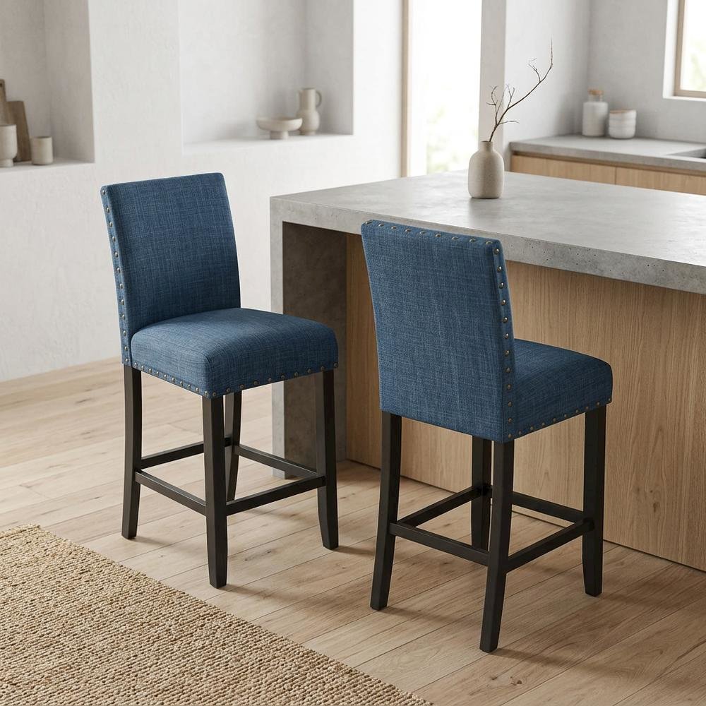 Blue Fabric Counter Height Stools Set with Nailhead Trim. Picture 2