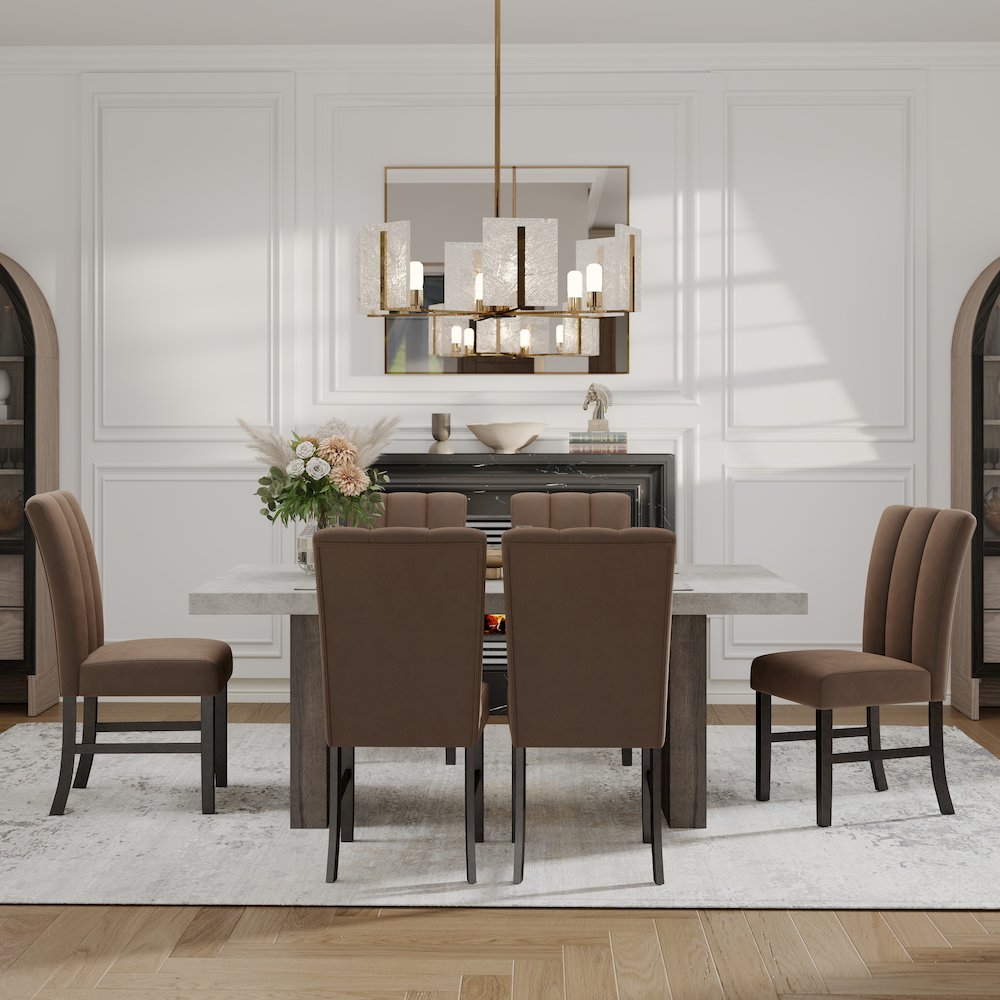 Sorlen 7-Piece Dining Set, 3D Faux Concrete Table with 6 Chocolate Fabric Chairs. Picture 3