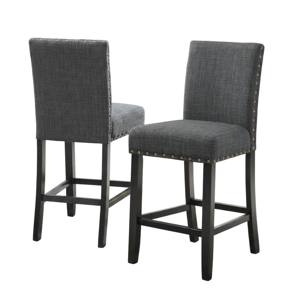 Gray fabric counter height stools with nailhead trim, set of 2. Picture 1