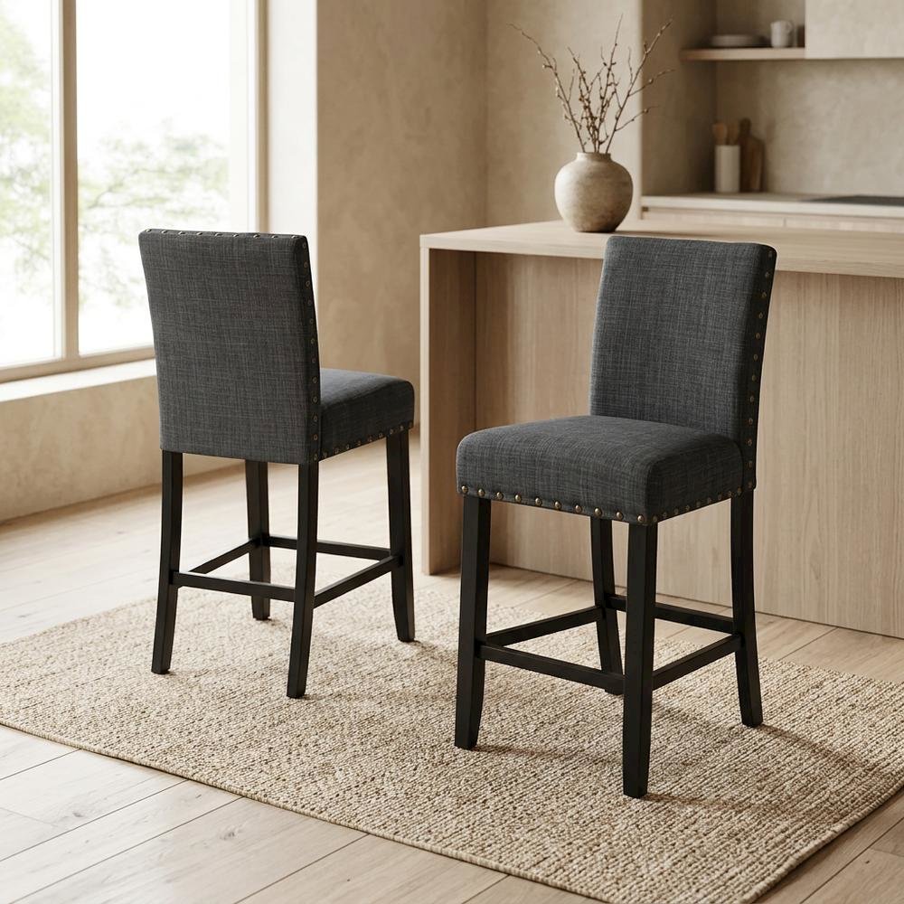 Gray fabric counter height stools with nailhead trim, set of 2. Picture 2