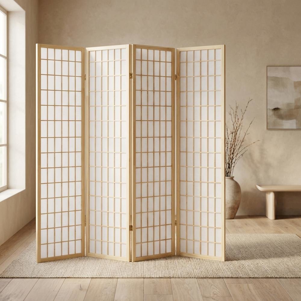 Natural 4-Panel Wood Folding Room Divider, Rice Paper, 71 Inch. Picture 2