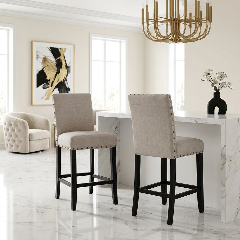 Tan fabric counter height stools with nailhead trim, set of 2. Picture 5