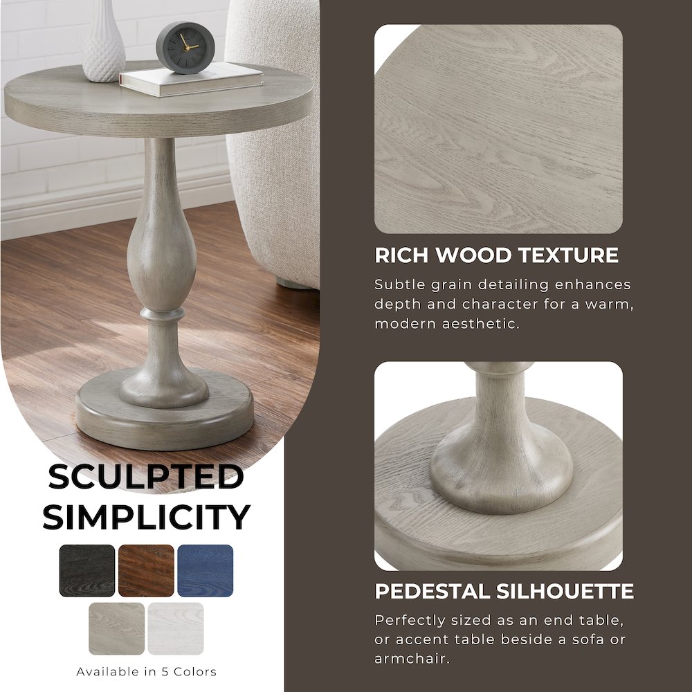 Solmere 22" Round Wood Pedestal End Table, Gray. Picture 5