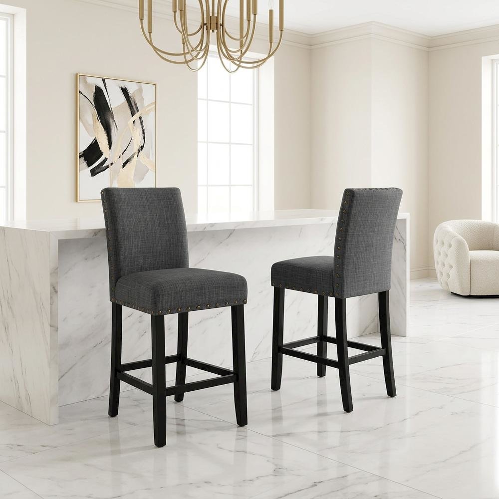 Gray fabric counter height stools with nailhead trim, set of 2. Picture 5