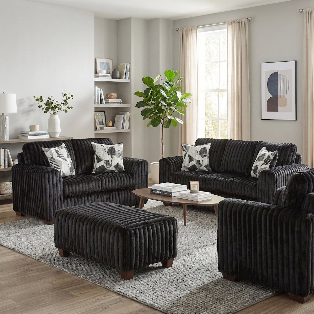 Nolan 4-Piece Living Room Set, Sofa Loveseat Chair and Ottoman, Lush Black. Picture 4
