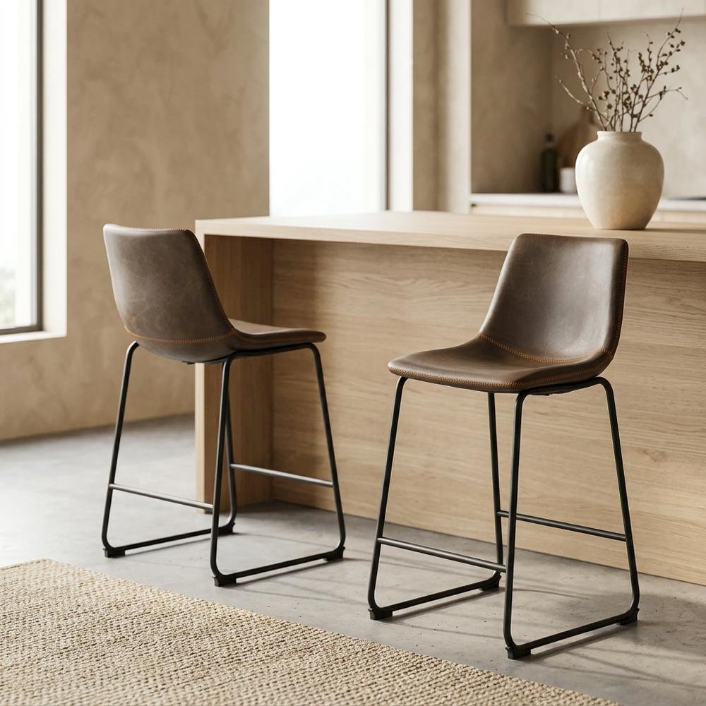 Antique Brown PU Leather Counter Height Stools Set of 2 with Stylish Design. Picture 2