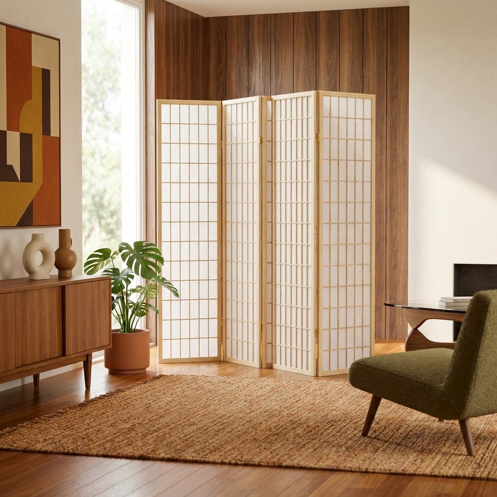 Natural 4-Panel Wood Folding Room Divider, Rice Paper, 71 Inch. Picture 3
