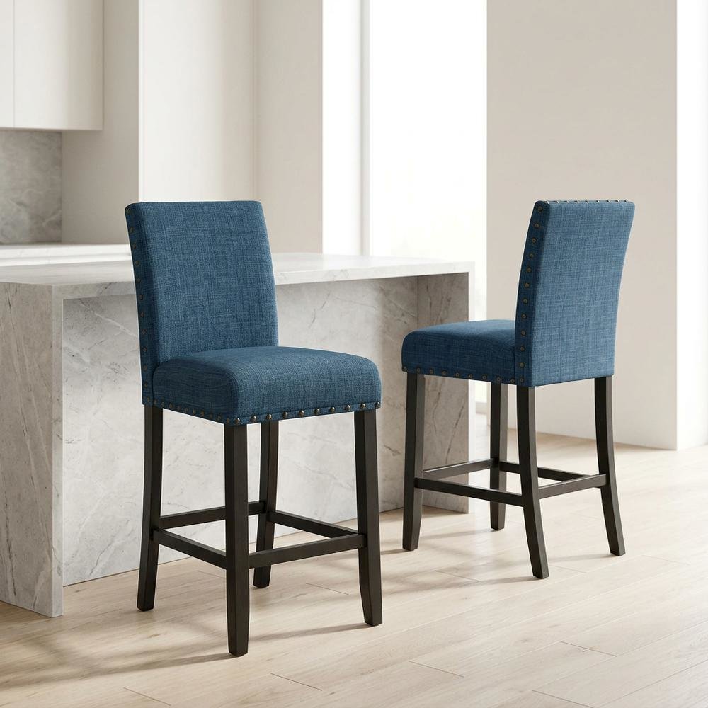 Blue Fabric Counter Height Stools Set with Nailhead Trim. Picture 5