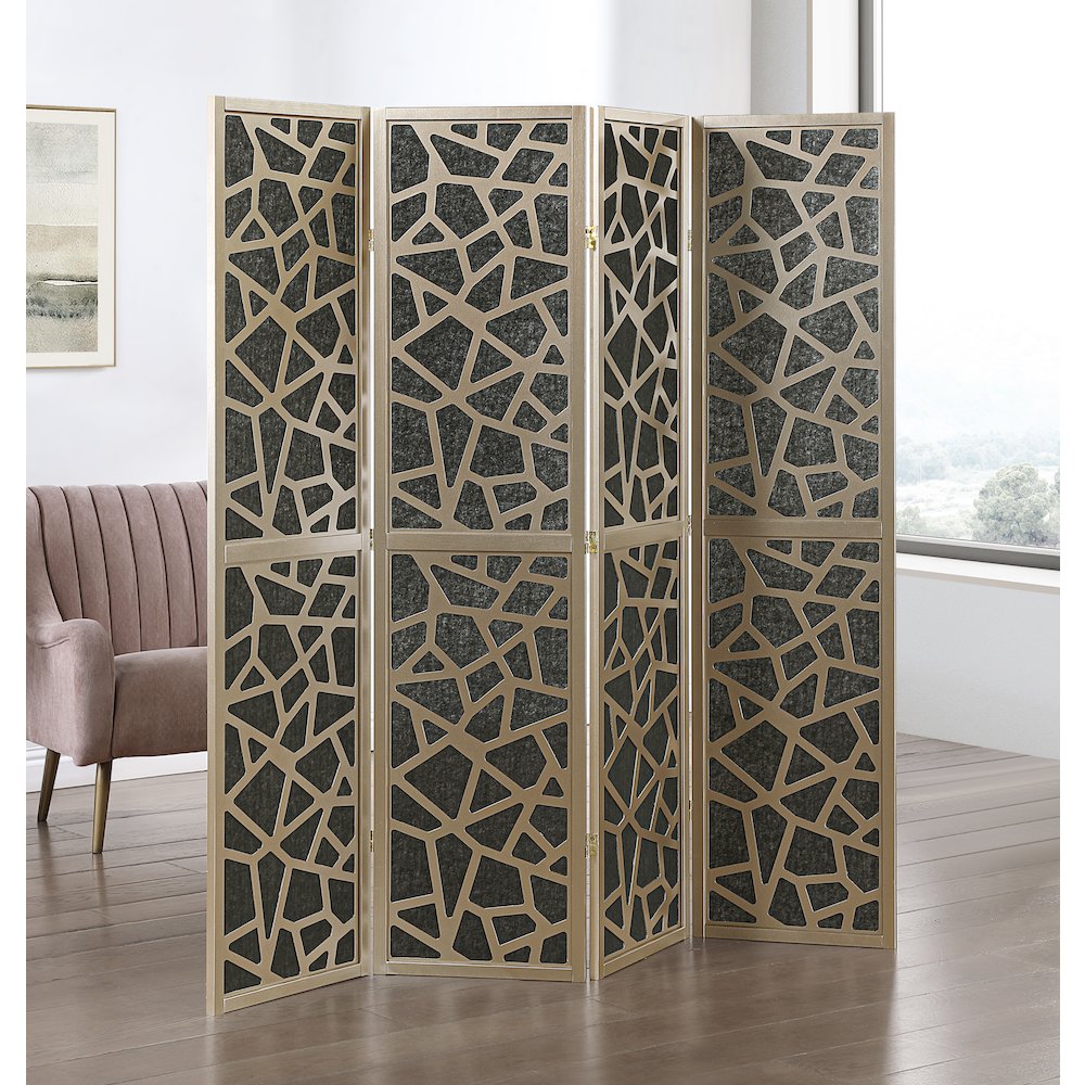 4-Panel Wood Room Divider, Folding Portable Partition Screen, Black and Gold. Picture 2