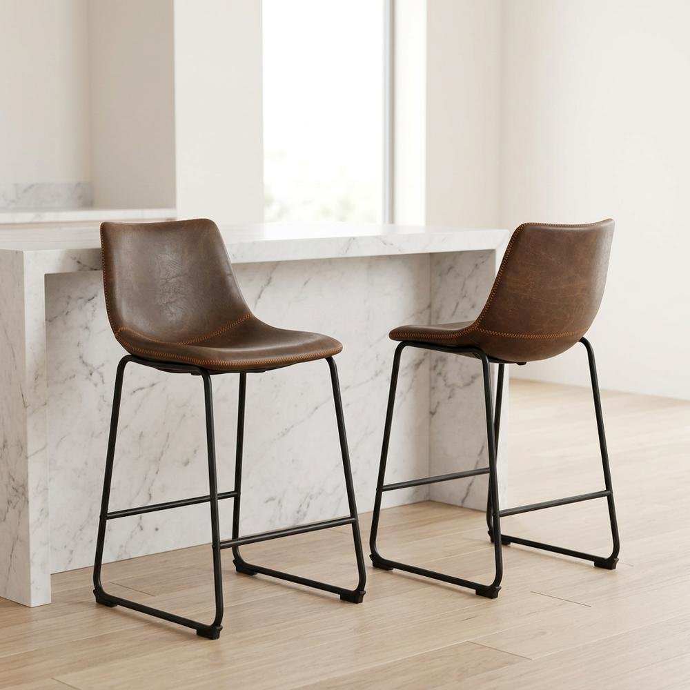 Antique Brown PU Leather Counter Height Stools Set of 2 with Stylish Design. Picture 5