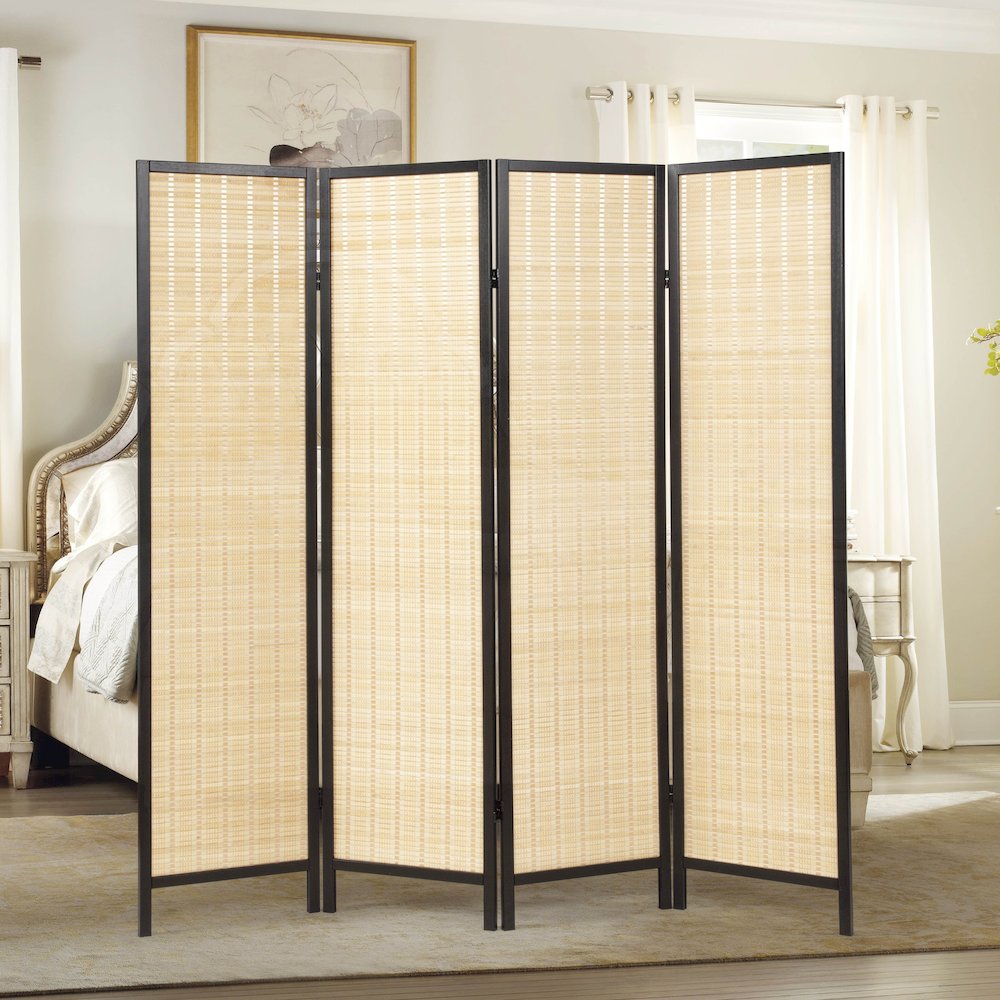 Inkwell 4-Panel Bamboo Room Divider, Folding Screen, Natural with Black Frame. Picture 3