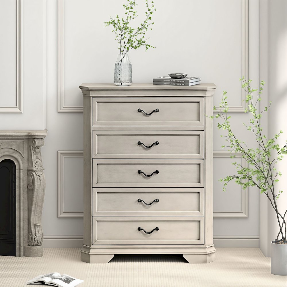 Maderne Wood 5-Drawer Chest, Antique White Finish. Picture 3