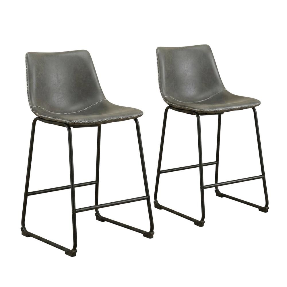 Antique Gray Vintage PU Leather Counter Height Stools, Set of 2. Picture 1