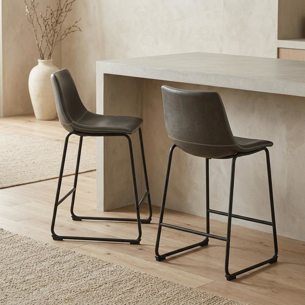Antique Gray Vintage PU Leather Counter Height Stools, Set of 2. Picture 2