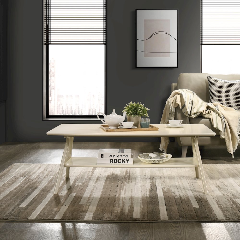 Arona Mid-Century Modern Wood Shelf Coffee Table, Off-White Finish. Picture 2