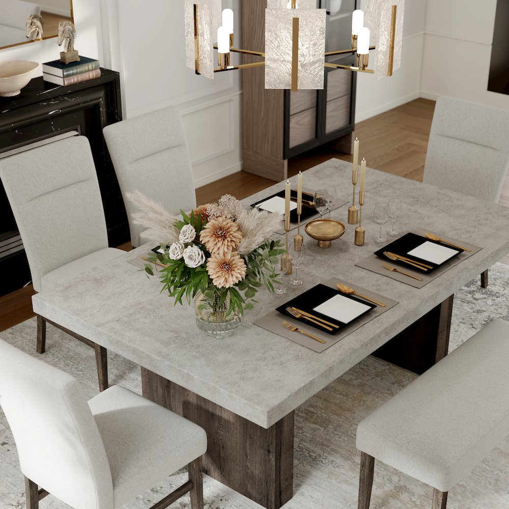 Sorlen Modern 6-Piece Dining Set, 3D Faux Concrete Table with 4 Chairs and Bench. Picture 8