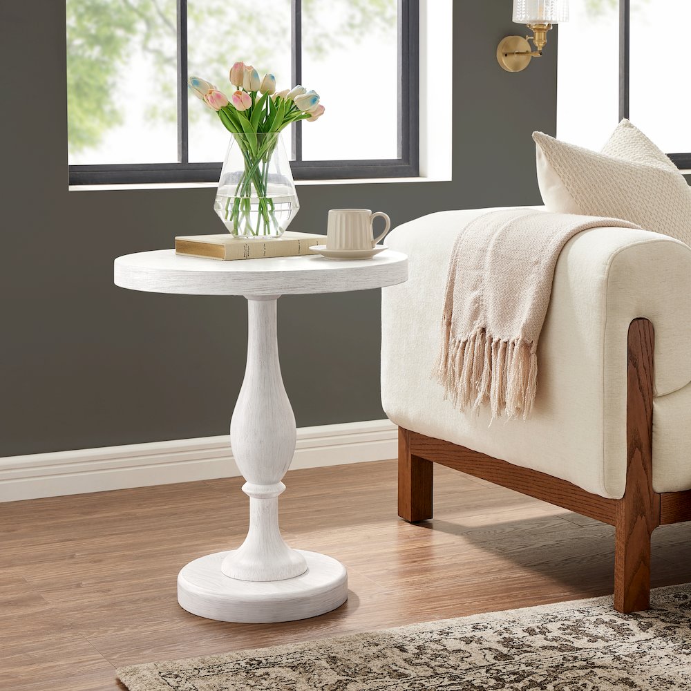 Solmere 22" Round Wood Pedestal End Table, White. Picture 2