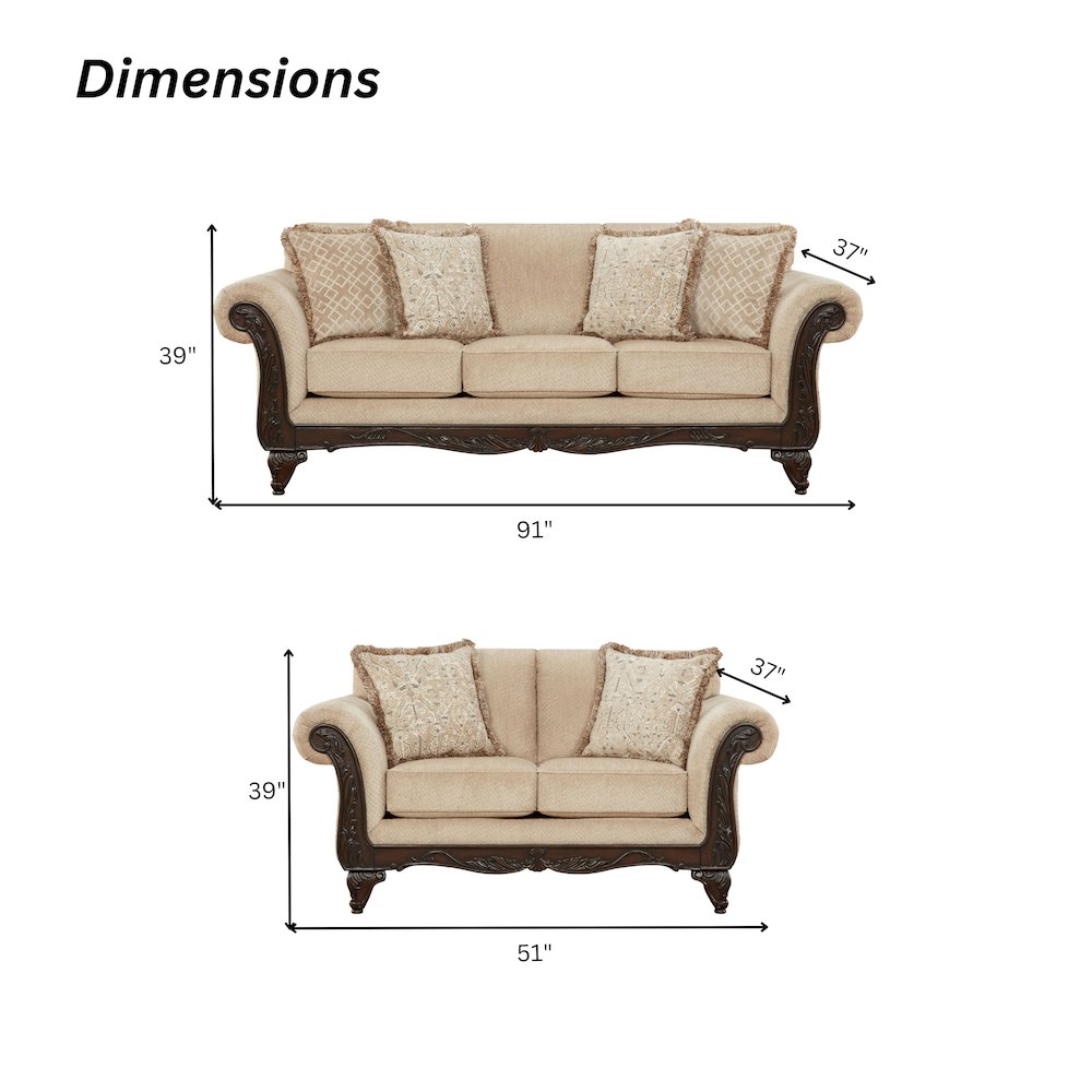 Hernen 2-Piece Living Room Set, Carved Wood Frame Sofa and Loveseat, Emma Wheat. Picture 11
