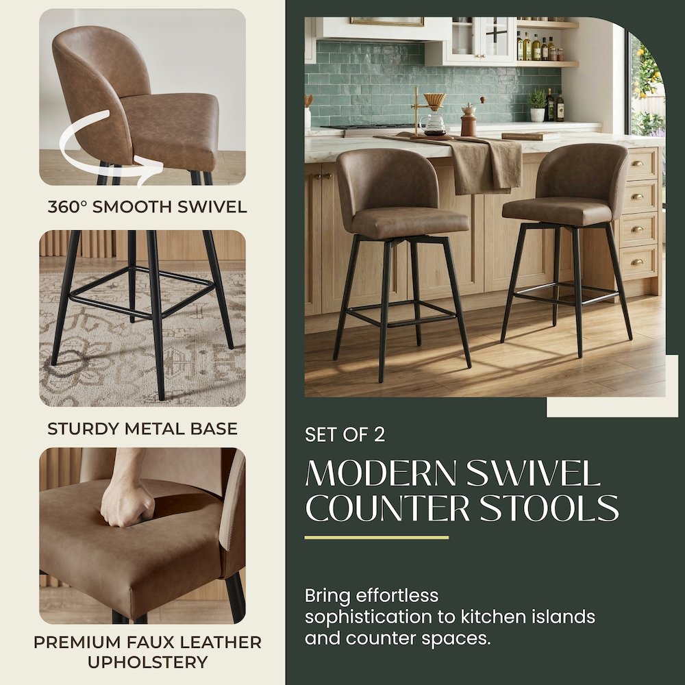 Rhythm Upholstered Counter Height Stool, 360° Swivel, Set of 2, Brown. Picture 5