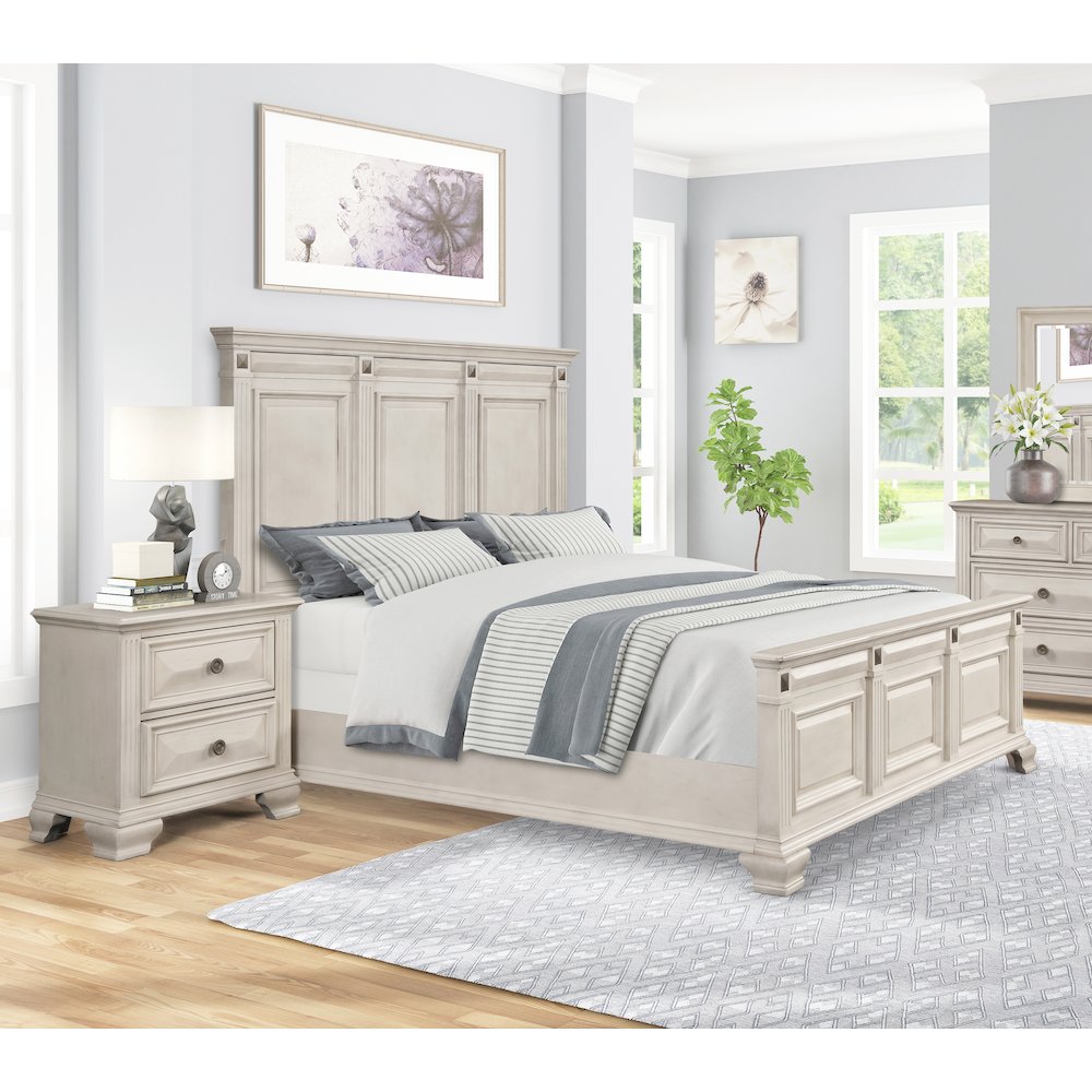 Renova 3-Piece Distressed Parchment Bedroom Set, King Bed with 2 Nightstands. Picture 3