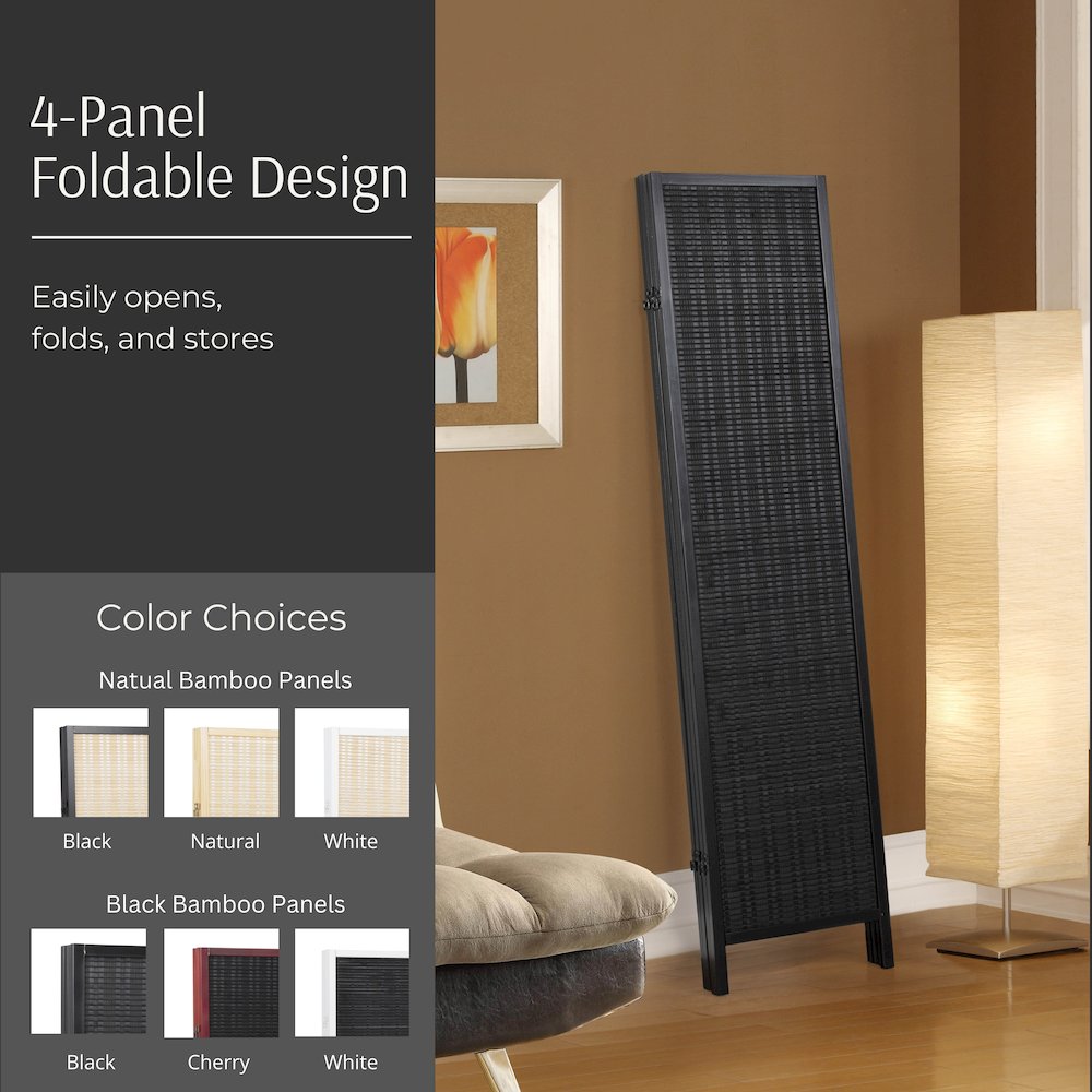 Inkwell 4-Panel Bamboo Room Divider, Folding Screen, Black with Black Frame. Picture 4