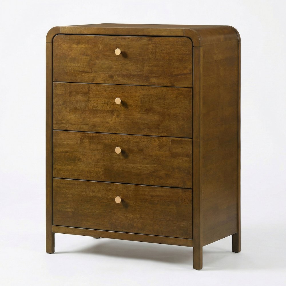 Eldren 4-Drawer Wood Chest with Solid Rubberwood Frame, Walnut Finish. Picture 1