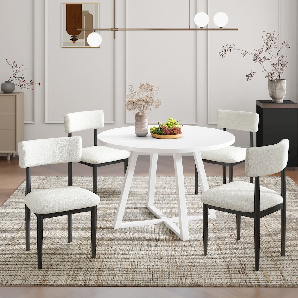 Edo 5-Piece Dining Set, Round Trestle Table and 4 Chairs, White and Black. Picture 3