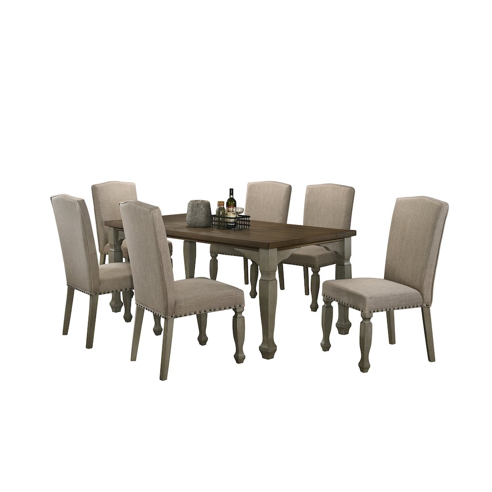 Breda Antique Gray and Dark Oak Finished Wood Dining Set, Table with Six Chairs. Picture 1