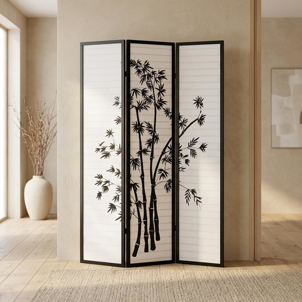 Black 3-Panel Wood Folding Room Divider, Rice Paper, 72 Inch. Picture 2