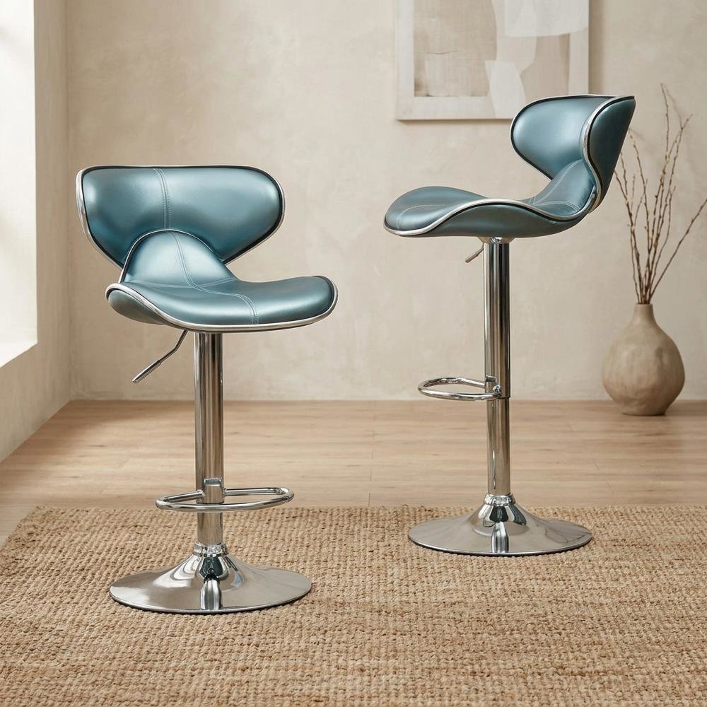 Blue Leatherette Adjustable Swivel Barstool with Chrome Base, Set of 2. Picture 2