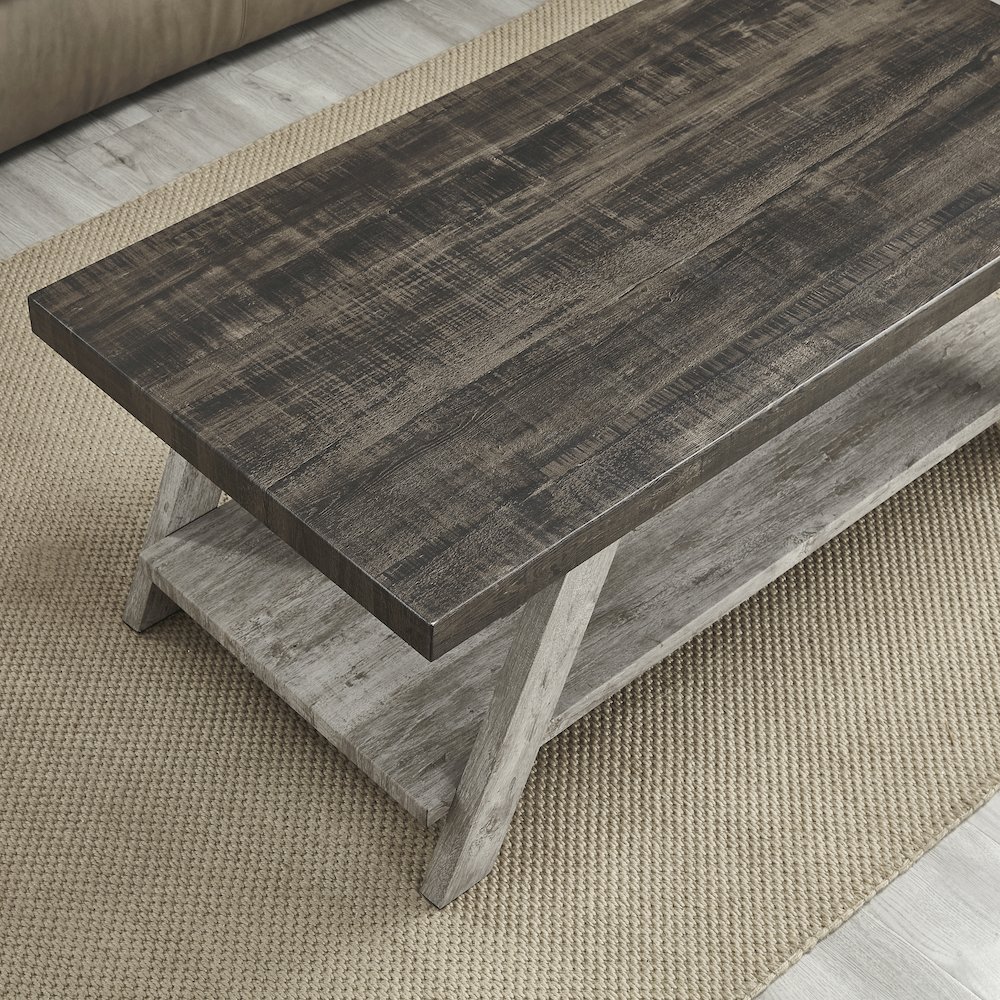 Athens Contemporary Two-Tone Wood Shelf Coffee Table in Weathered Walnut/Gray. Picture 4