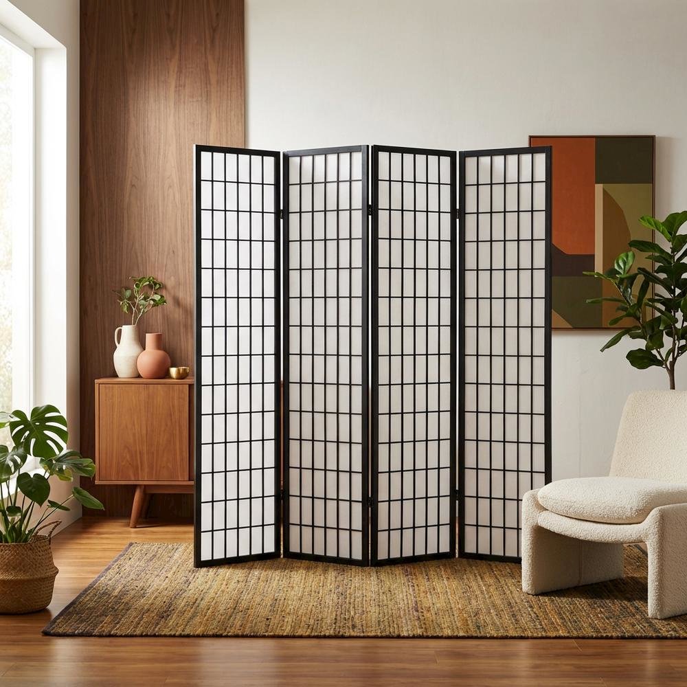 Black 4-Panel Wood Folding Room Divider, Rice Paper, 71 Inch. Picture 3