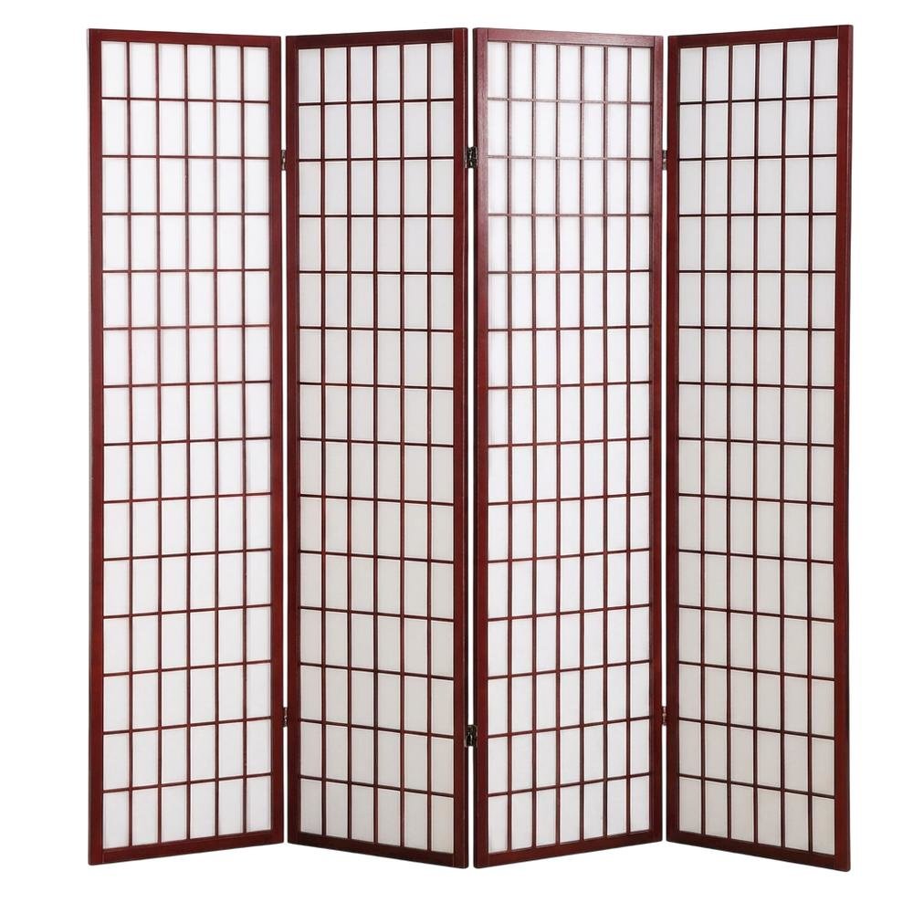 Cherry 4-Panel Wood Folding Room Divider, Rice Paper, 71 Inch. Picture 1