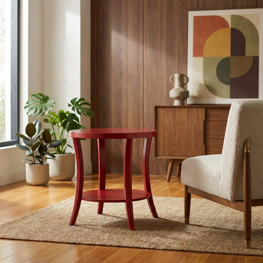 Red round end table with shelf for versatile living spaces. Picture 3