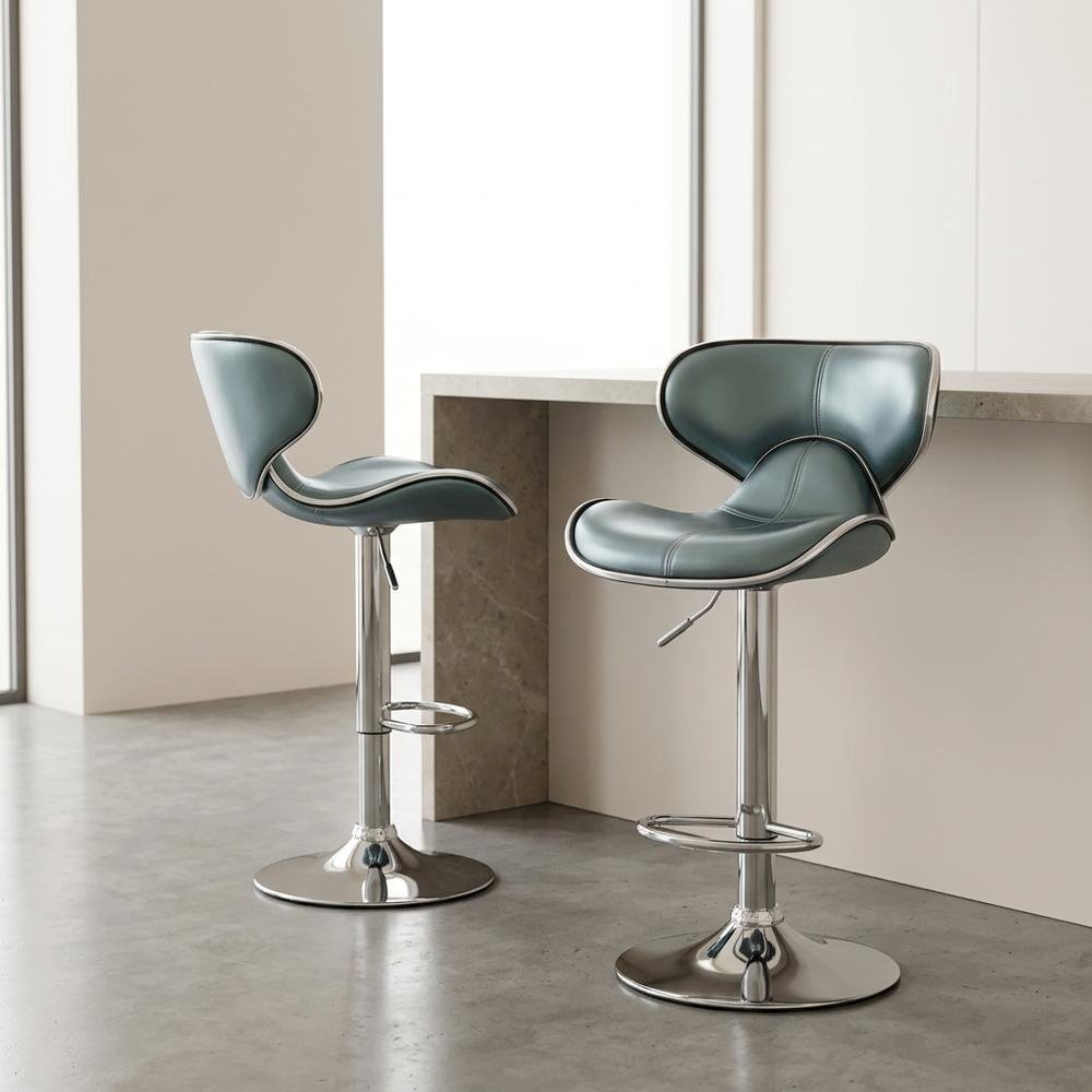 Blue Leatherette Adjustable Swivel Barstool with Chrome Base, Set of 2. Picture 5