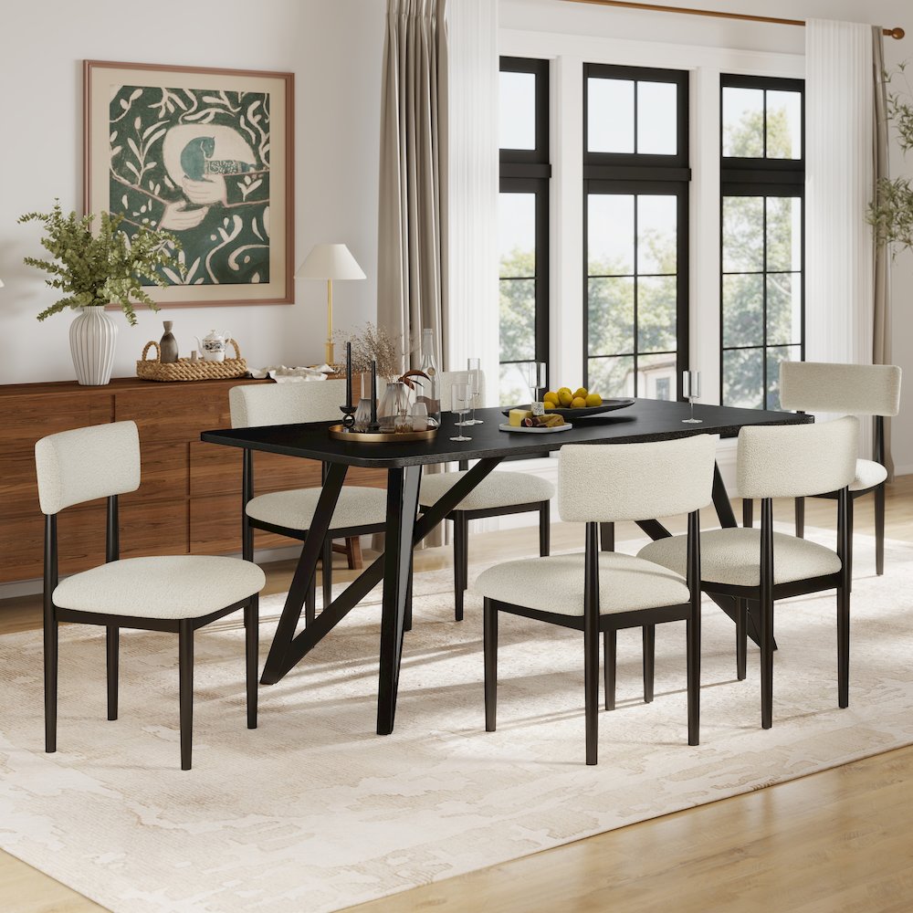 Axler 7-Piece Dining Set, Tripod-Cross Dining Table with 6 Boucle Chairs, Black. Picture 2