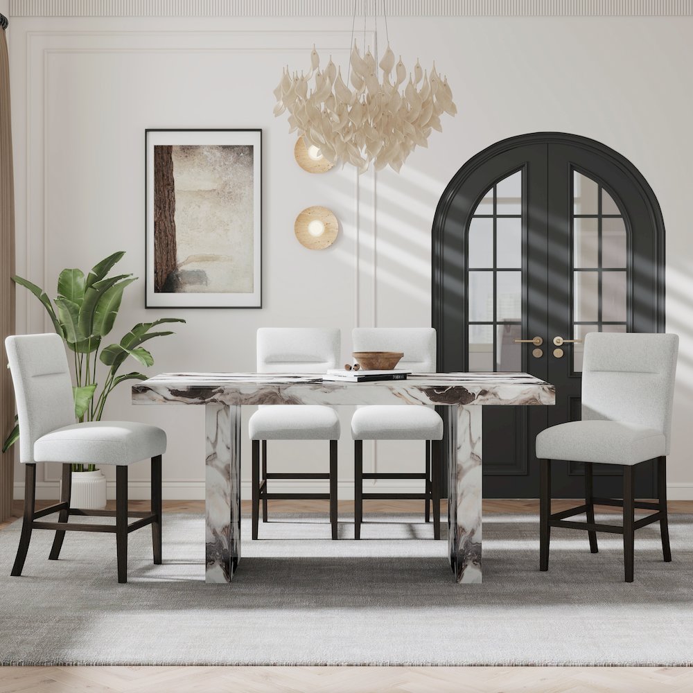 Cavira 5-Piece Modern Faux Marble Dining Set, Counter Height Table with 4 Chairs. Picture 2