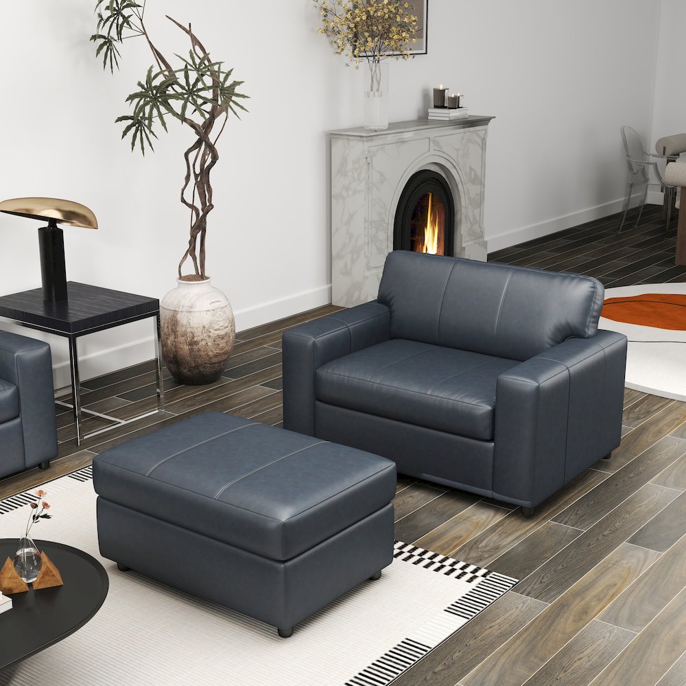 Sakan Leather 4-Pc Living Room Set, Sofa Loveseat, Chair and Ottoman, Blue. Picture 12