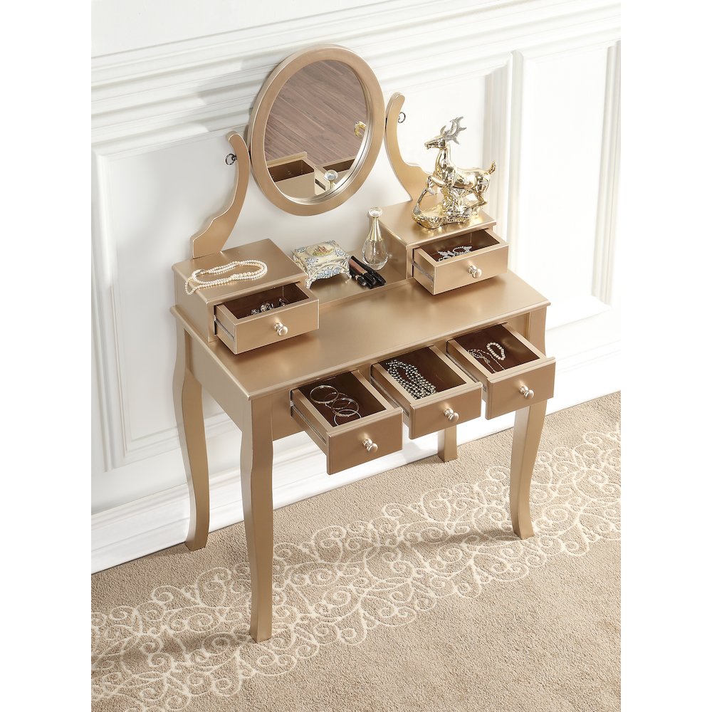 Ashley Wood Makeup Vanity Table and Stool Set, Gold. Picture 4