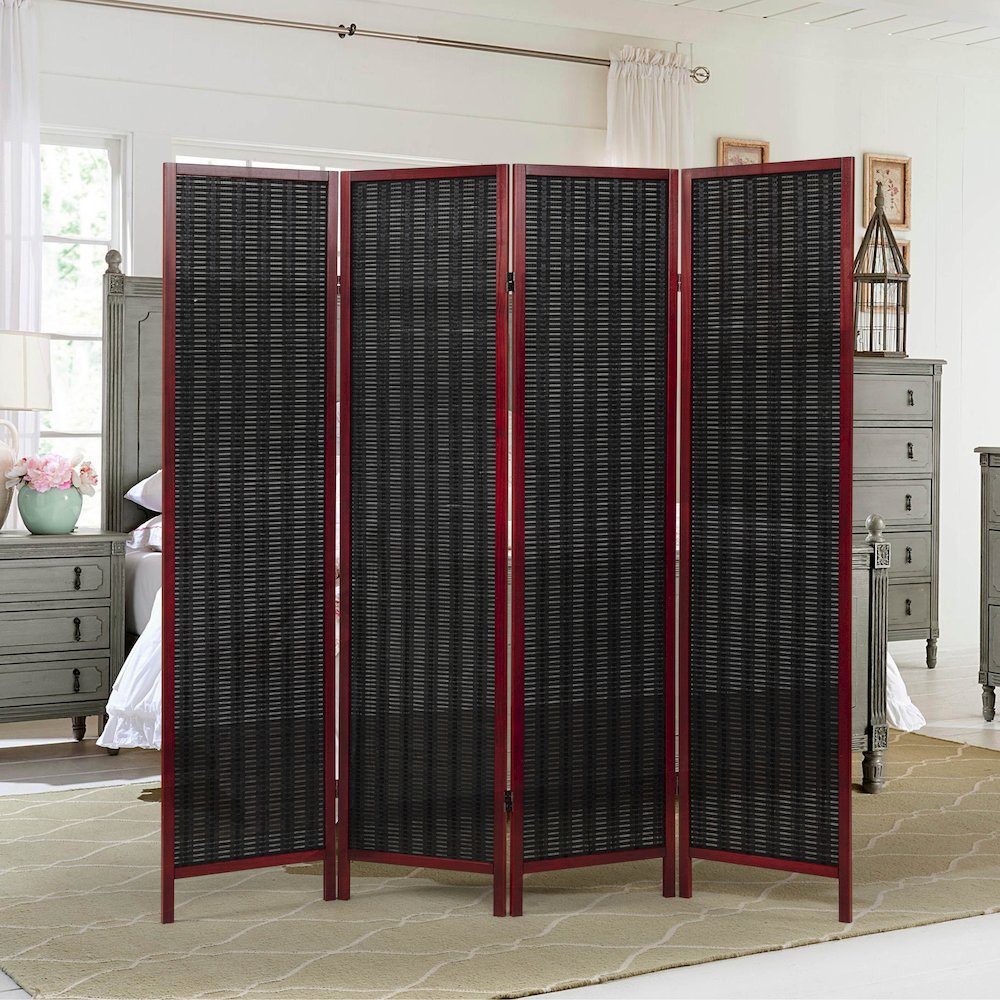Inkwell 4-Panel Bamboo Room Divider, Folding Screen, Black with Red Frame. Picture 3
