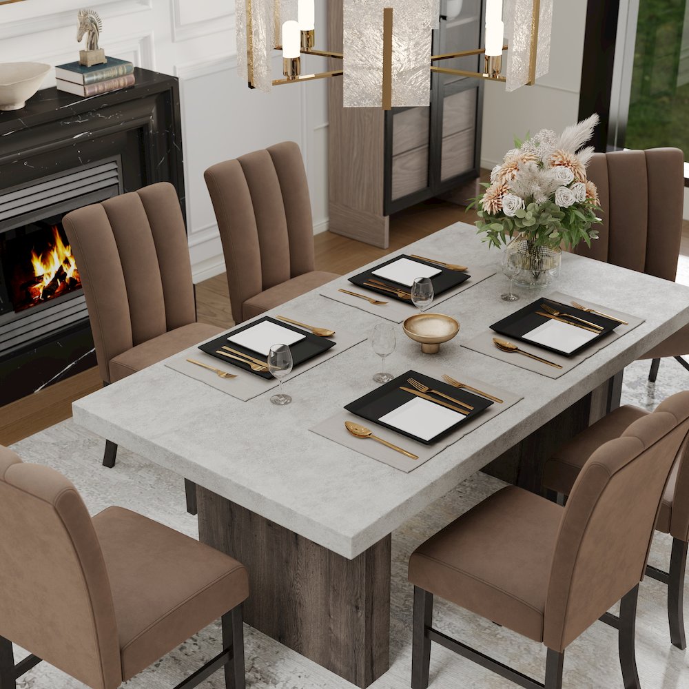 Sorlen 7-Piece Dining Set, 3D Faux Concrete Table with 6 Chocolate Fabric Chairs. Picture 5