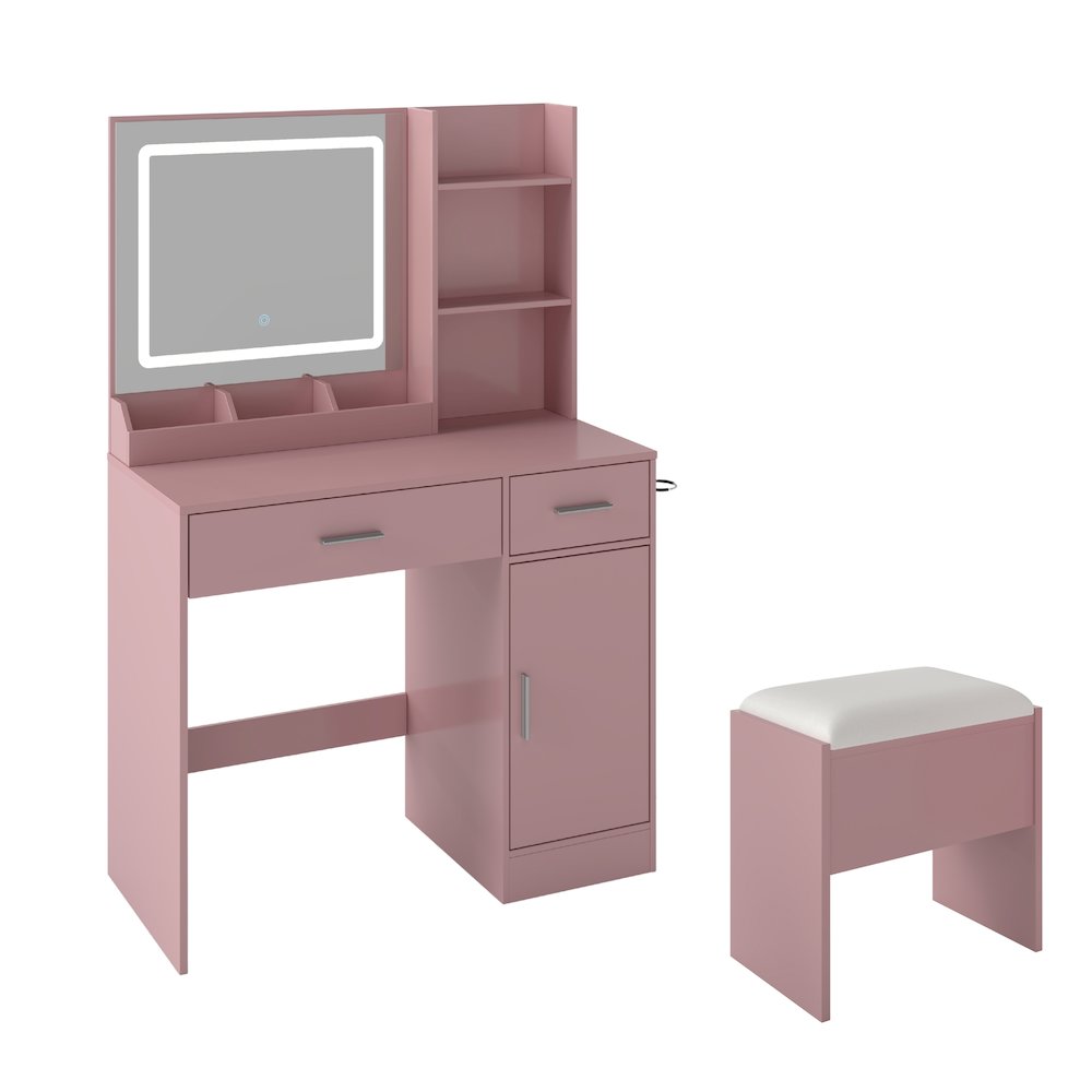 Makeup Vanity Set, Vanity Desk, Stool, LED Light Mirror, Pink. Picture 1