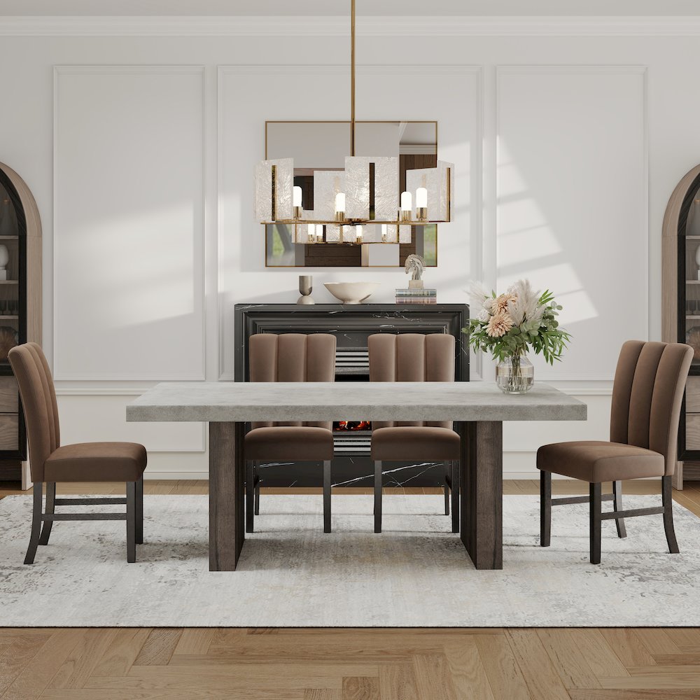 Sorlen 5-Piece Dining Set, 3D Faux Concrete Table with 4 Chocolate Fabric Chairs. Picture 2