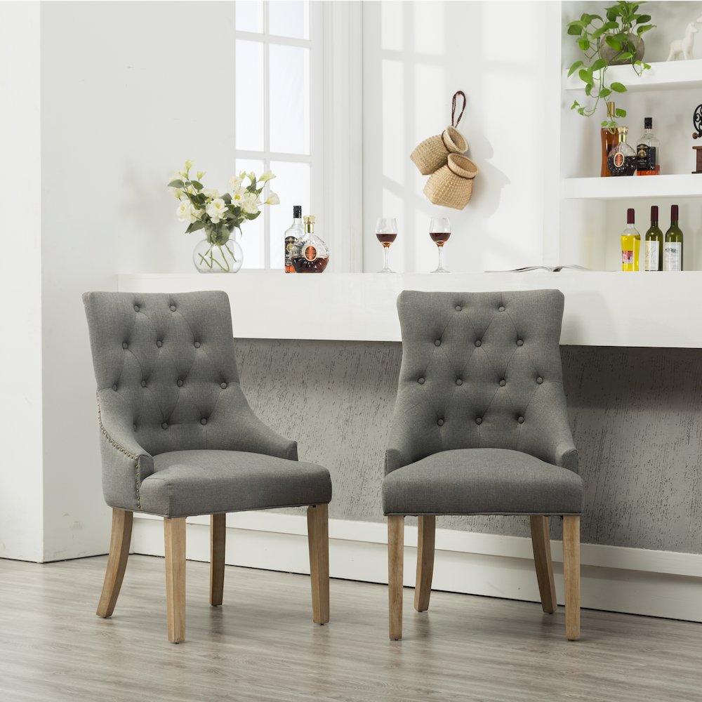 Luna Gray Button Tufted Solid Wood Wingback Chairs with Nail Heads Set of 2. Picture 4