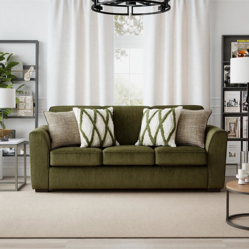 Marvella Living Room Sofa with Mosswood Chenille Upholstery, Accent Pillows. Picture 3