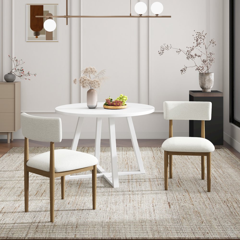 Edo 5-Piece Dining Set, Round Trestle Table and 4 Chairs, White and Natural. Picture 4