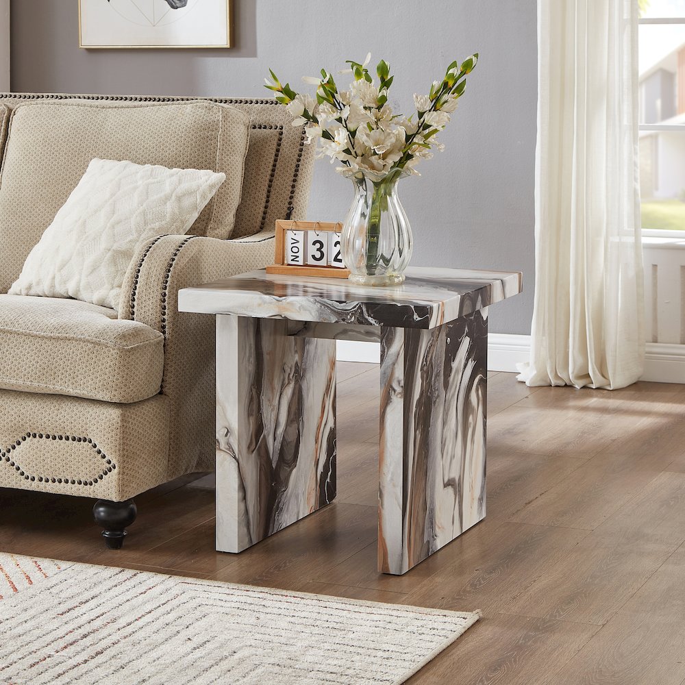 Cavira Modern Faux Marble Living Room End Table, Off-white. Picture 2