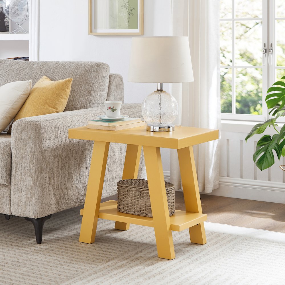 Athens Contemporary Wood Shelf Side Table in Yellow. Picture 2